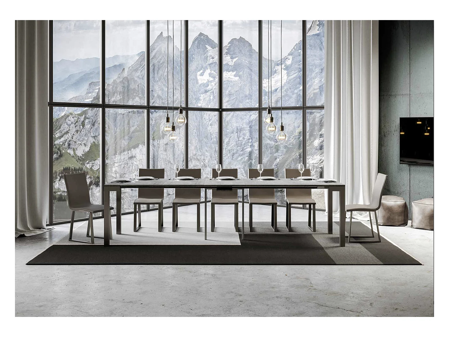 Console extensible bois et acier anthracite Monteros 90x40-196 ou 90x40-300-Couleur Gris ciment-Pied et support sur roulettes-3 rallonges