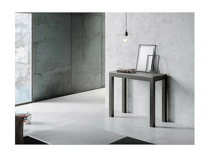 Console extensible bois et acier anthracite Monteros 90x40-196 ou 90x40-300-Couleur Gris ciment-Pied et support sur roulettes-3 rallonges