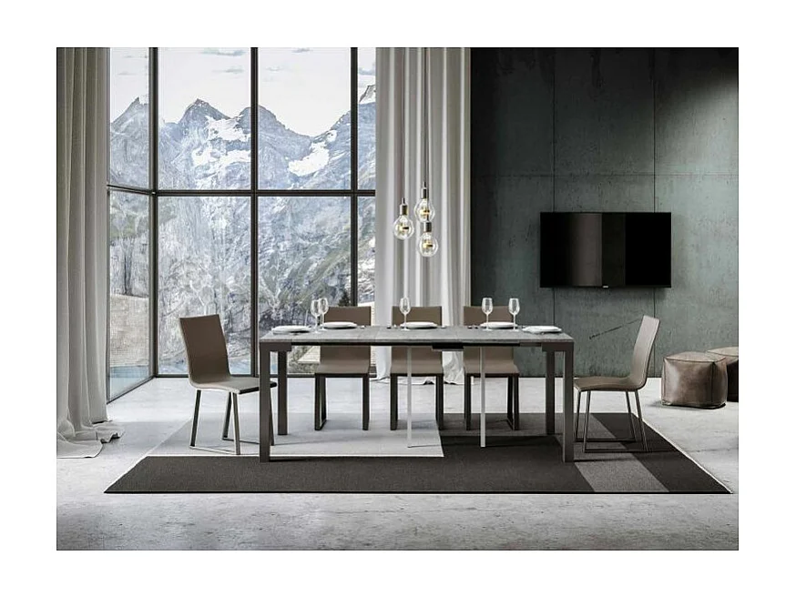 Console extensible bois et acier anthracite Monteros 90x40-196 ou 90x40-300-Couleur Gris ciment-Pied et support sur roulettes-3 rallonges