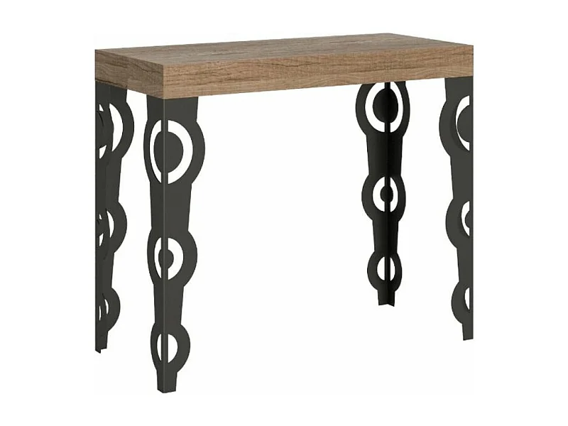 Console extensible style orientale Kazay 90x40-196 ou 90x40-300-Couleur Naturel-Support 2 pieds-3 rallonges fines