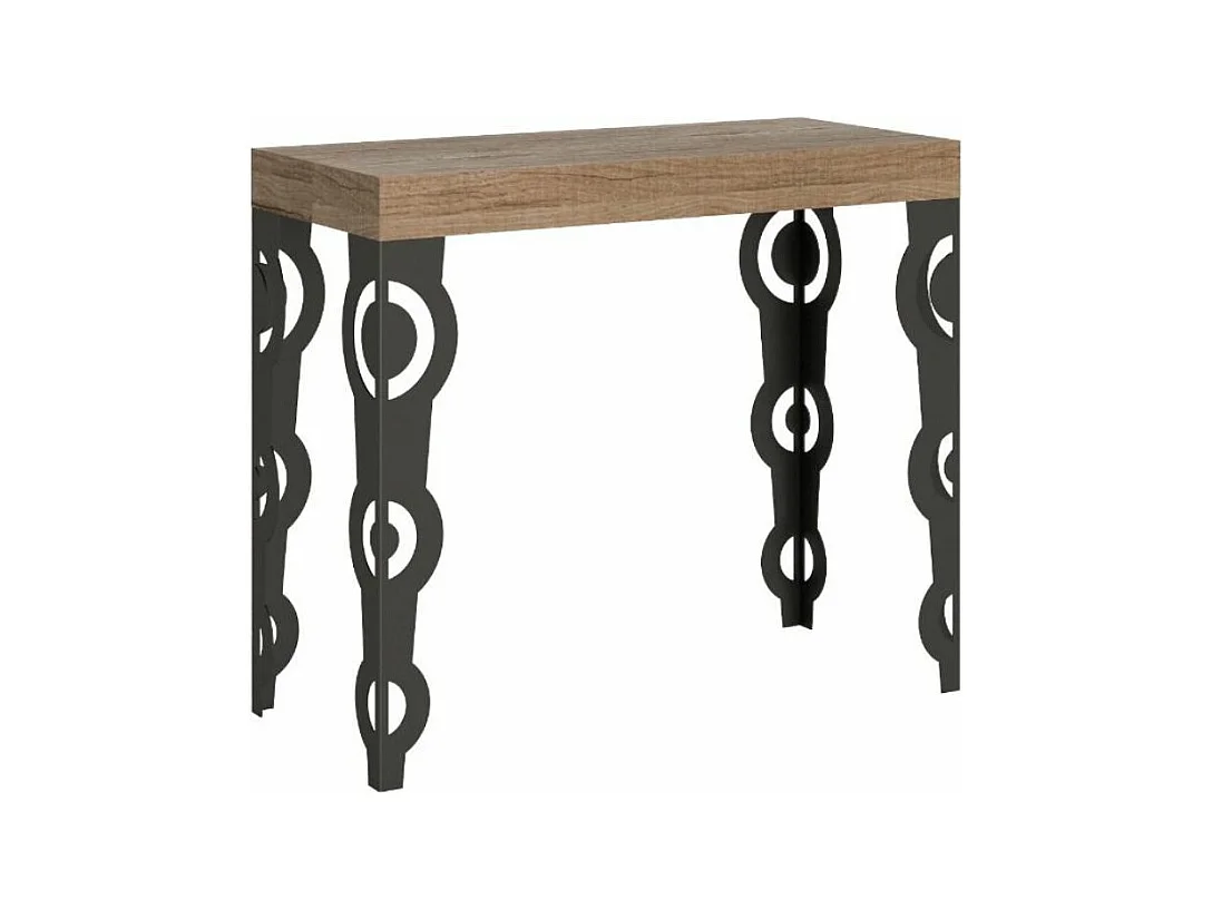 Console extensible style orientale Kazay 90x40-196 ou 90x40-300-Couleur Naturel-Support 2 pieds-3 rallonges fines