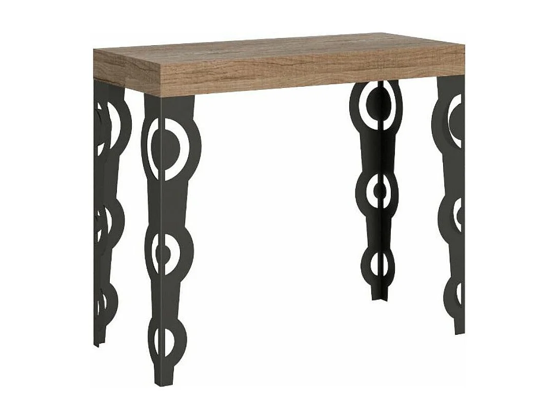 Console extensible style orientale Kazay 90x40-196 ou 90x40-300-Couleur Naturel-Support 2 pieds-3 rallonges fines