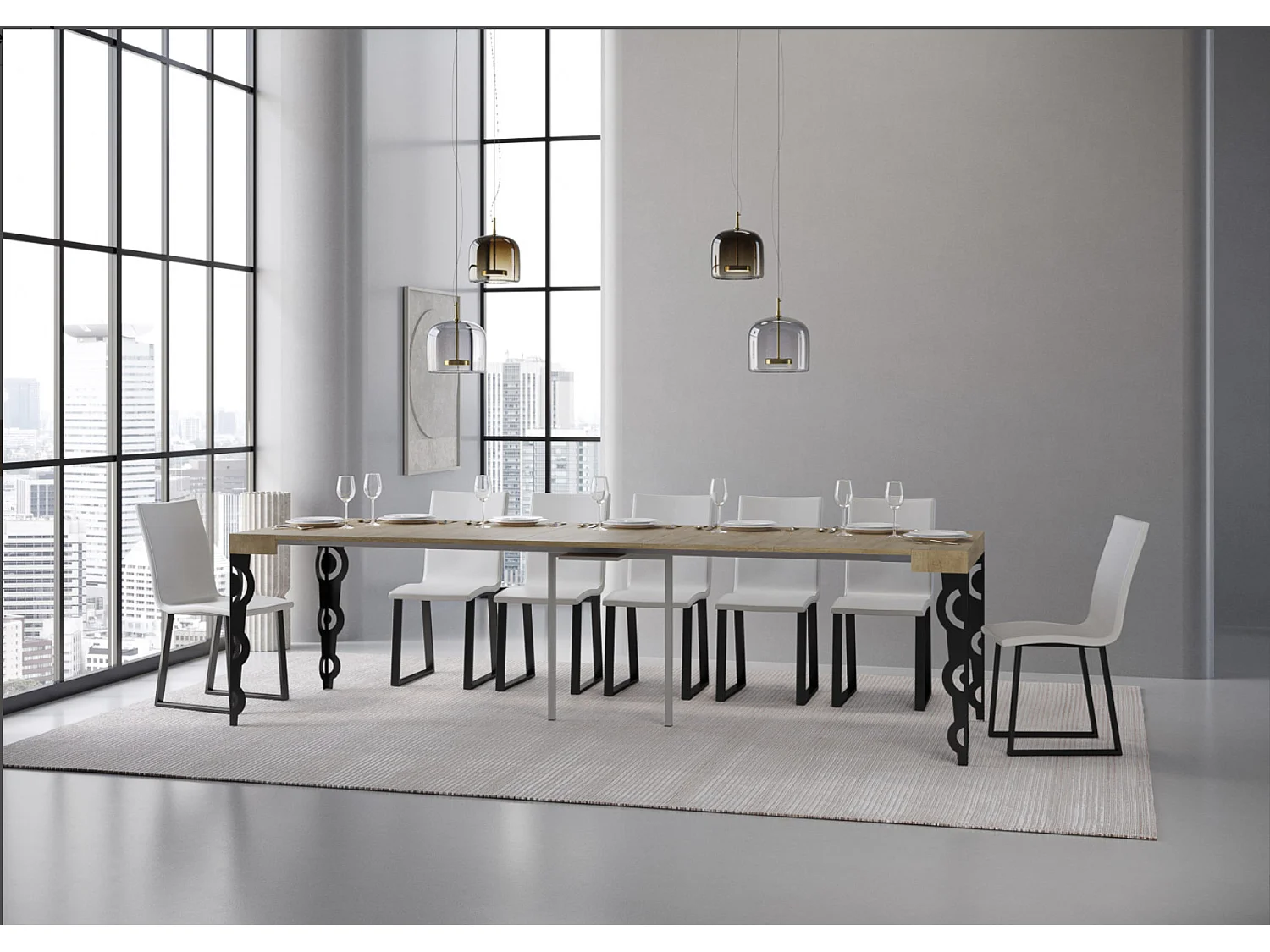 Console extensible style orientale Kazay 90x40-196 ou 90x40-300-Couleur Naturel-Support 2 pieds-3 rallonges fines