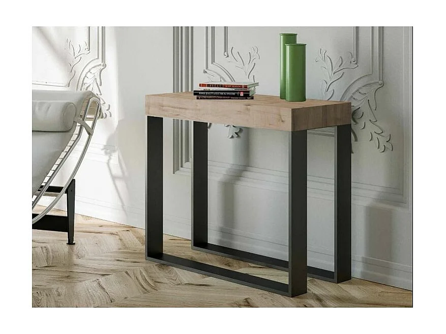 Console extensible bois et 2 pieds acier anthracite Elatra 90x40-196 ou 90x40-300-Couleur Naturel-Support 4 pieds-5 rallonges fines