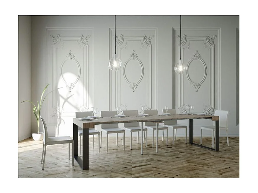 Console extensible bois et 2 pieds acier anthracite Elatra 90x40-196 ou 90x40-300-Couleur Naturel-Support 4 pieds-5 rallonges fines