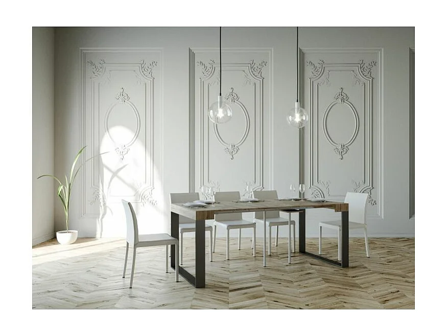 Console extensible bois et 2 pieds acier anthracite Elatra 90x40-196 ou 90x40-300-Couleur Naturel-Support 4 pieds-5 rallonges fines