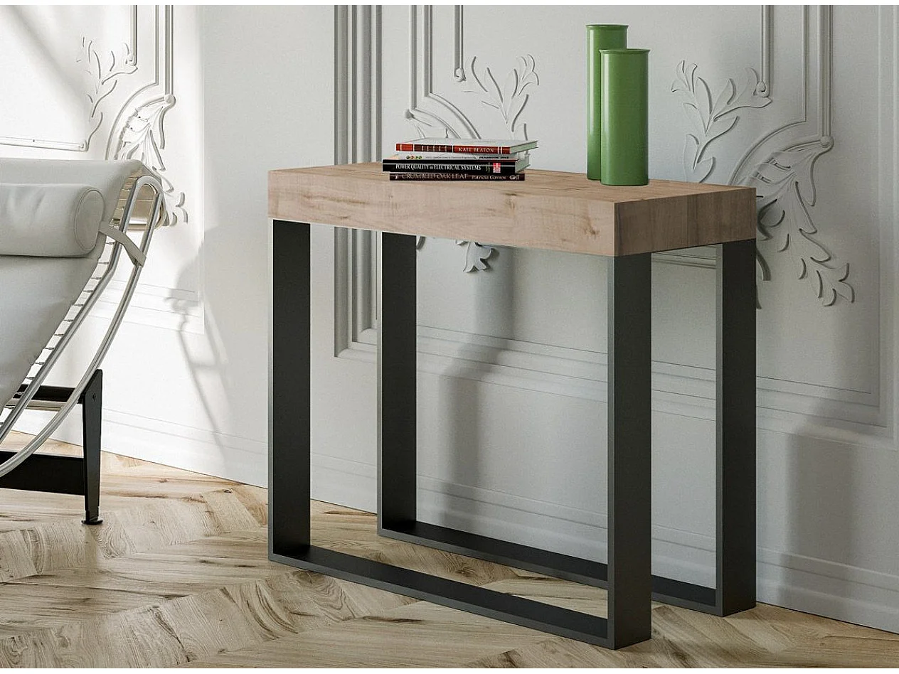 Console extensible bois et 2 pieds acier anthracite Elatra 90x40-196 ou 90x40-300-Couleur Naturel-Support 4 pieds-5 rallonges fines