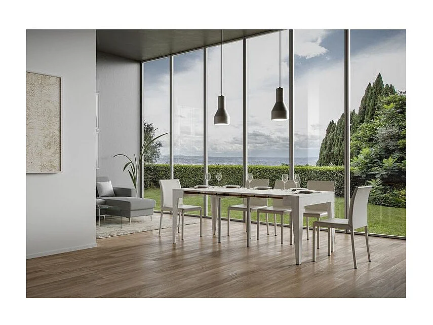 Console extensible moderne en bois Kanda 90x42-198 ou 90x42-302-Couleur Blanc-Pied et support sur roulettes-3 rallonges