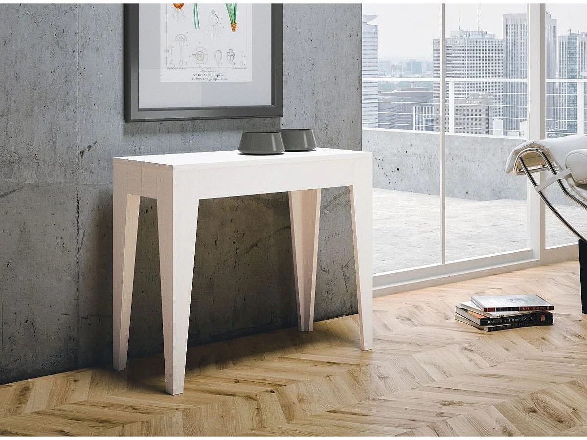 Console extensible moderne en bois Kanda 90x42-198 ou 90x42-302-Couleur Blanc-Pied et support sur roulettes-3 rallonges