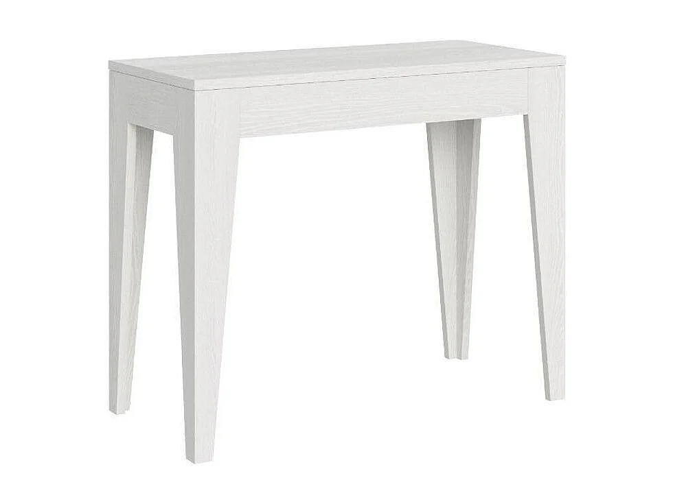Console extensible moderne en bois Kanda 90x42-198 ou 90x42-302-Couleur Blanc-Pied et support sur roulettes-3 rallonges