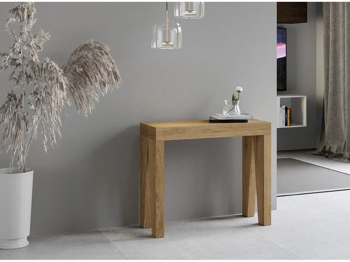 Console extensible en bois moderne 90x40-196 ou 90x40-300 Naxo-Couleur Naturel-Support 2 pieds-3 rallonges