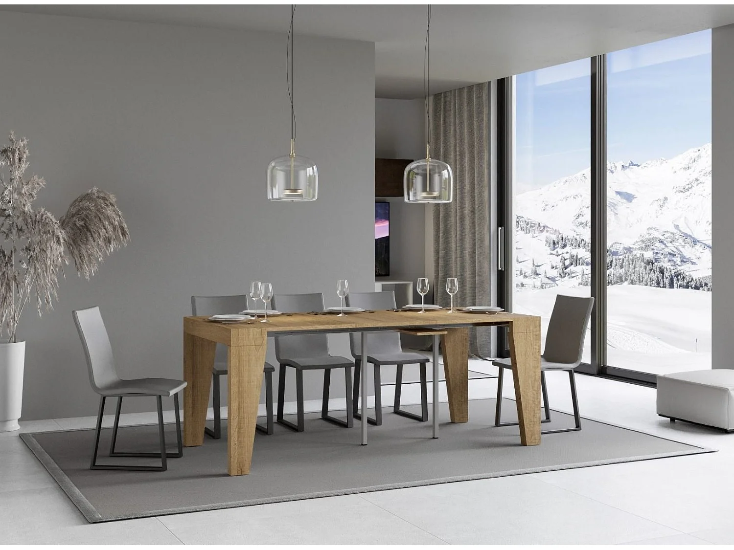 Console extensible en bois moderne 90x40-196 ou 90x40-300 Naxo-Couleur Naturel-Support 2 pieds-3 rallonges