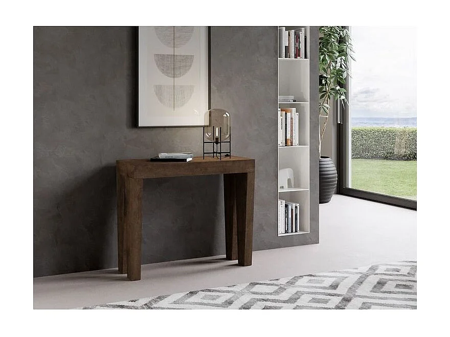 Console extensible en bois Sambo 90x40-196 ou 90x40-300-Couleur Marron-Pied et support sur roulettes-3 rallonges