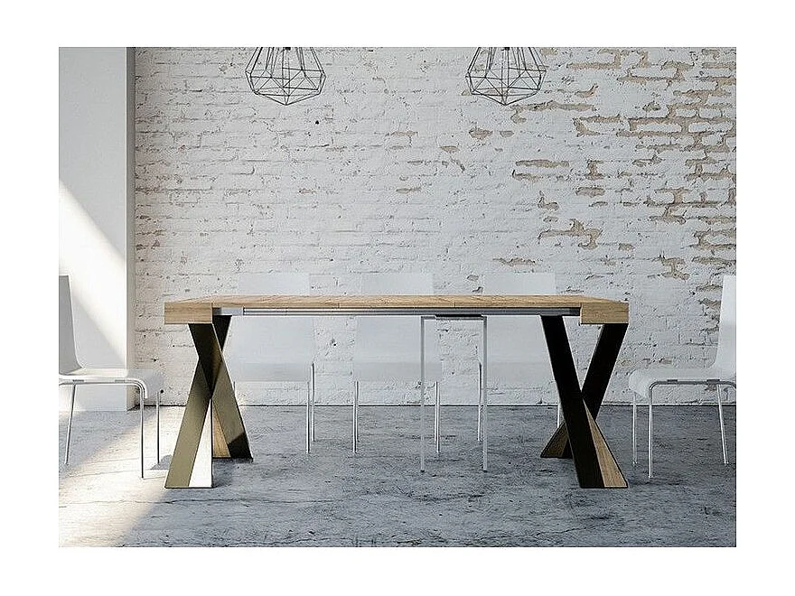 Consola extensible de diseño Diago en madera y patas cruzadas de acero antracita 90x40/196 o 90x40/300 cm-Color Natural-Soporte 4 pies-5 alargaderas finas