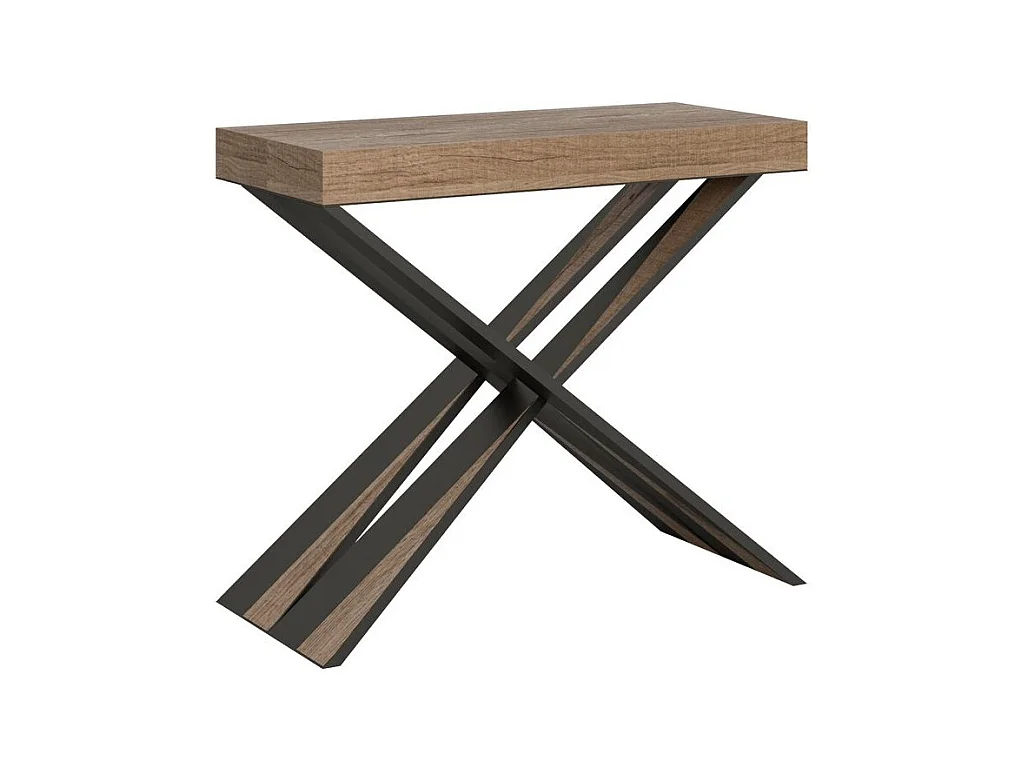 Consola extensible de diseño Diago en madera y patas cruzadas de acero antracita 90x40/196 o 90x40/300 cm-Color Natural-Soporte 4 pies-3 alargaderas finas
