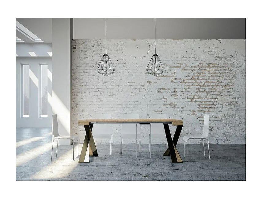 Console extensible design bois et pieds croisés acier anthracite Diago 90x40-196 ou 90x40-300-Couleur Naturel-Support 4 pieds-3 rallonges fines