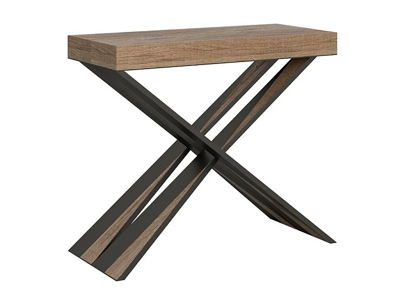 Console extensible design bois et pieds croisés acier anthracite Diago 90x40-196 ou 90x40-300-Couleur Naturel-Support 4 pieds-3 rallonges fines