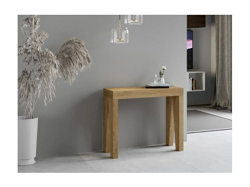 Console extensible en bois moderne 90x40-196 ou 90x40-300 Naxo-Couleur Naturel-Support 4 pieds-5 rallonges