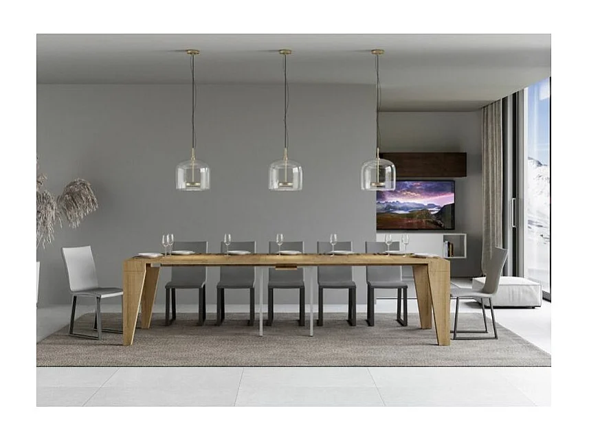 Console extensible en bois moderne 90x40-196 ou 90x40-300 Naxo-Couleur Naturel-Support 4 pieds-5 rallonges