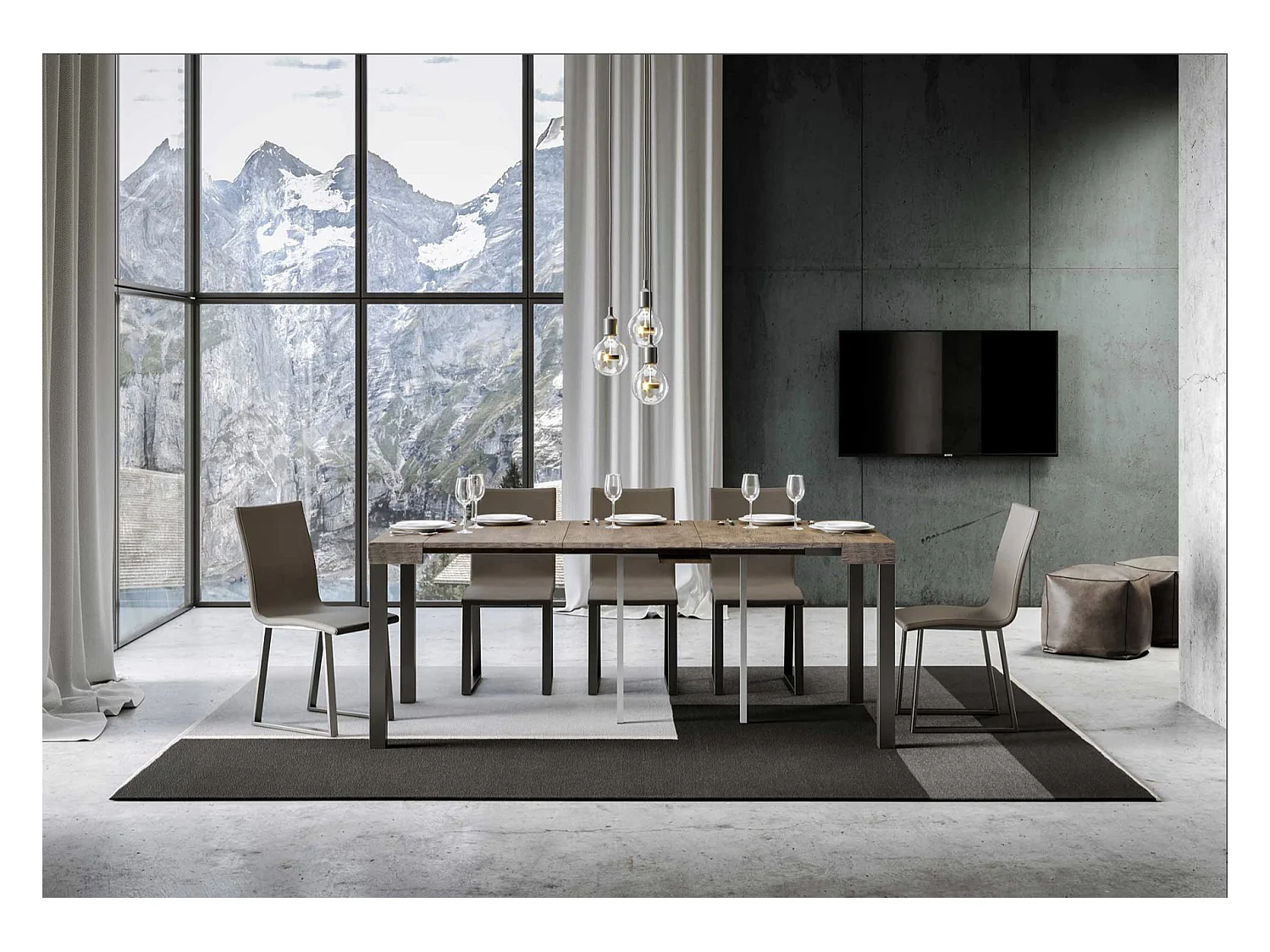 Console extensible bois et acier anthracite Elvira 90x40-196 ou 90x40-300-Couleur Blanc-Support 4 pieds-3 rallonges