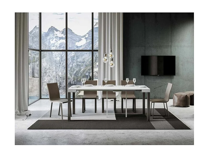 Console extensible bois et acier anthracite Elvira 90x40-196 ou 90x40-300-Couleur Blanc-Support 4 pieds-3 rallonges