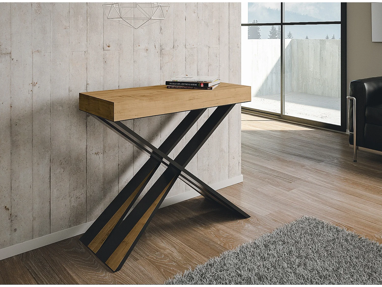 Console extensible design bois et pieds croisés acier anthracite Diago 90x40-196 ou 90x40-300-Couleur Naturel-Support 2 pieds-5 rallonges épaisses