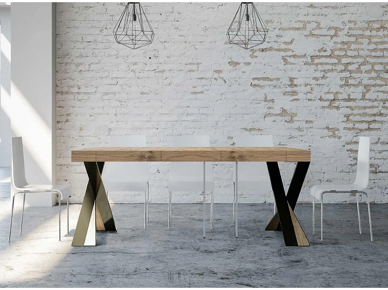 Console extensible design bois et pieds croisés acier anthracite Diago 90x40-196 ou 90x40-300-Couleur Naturel-Support 2 pieds-5 rallonges épaisses