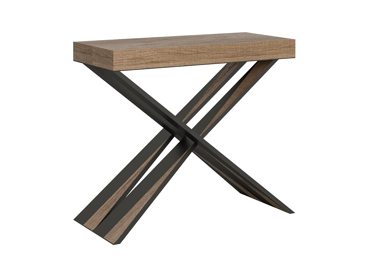 Console extensible design bois et pieds croisés acier anthracite Diago 90x40-196 ou 90x40-300-Couleur Naturel-Support 2 pieds-5 rallonges épaisses