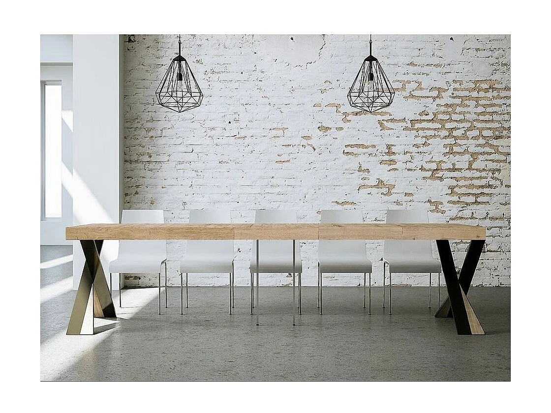 Consola extensible de diseño Diago en madera y patas cruzadas de acero antracita 90x40/196 o 90x40/300 cm-Color Natural-Soporte 2 pies-5 alargaderas gruesas