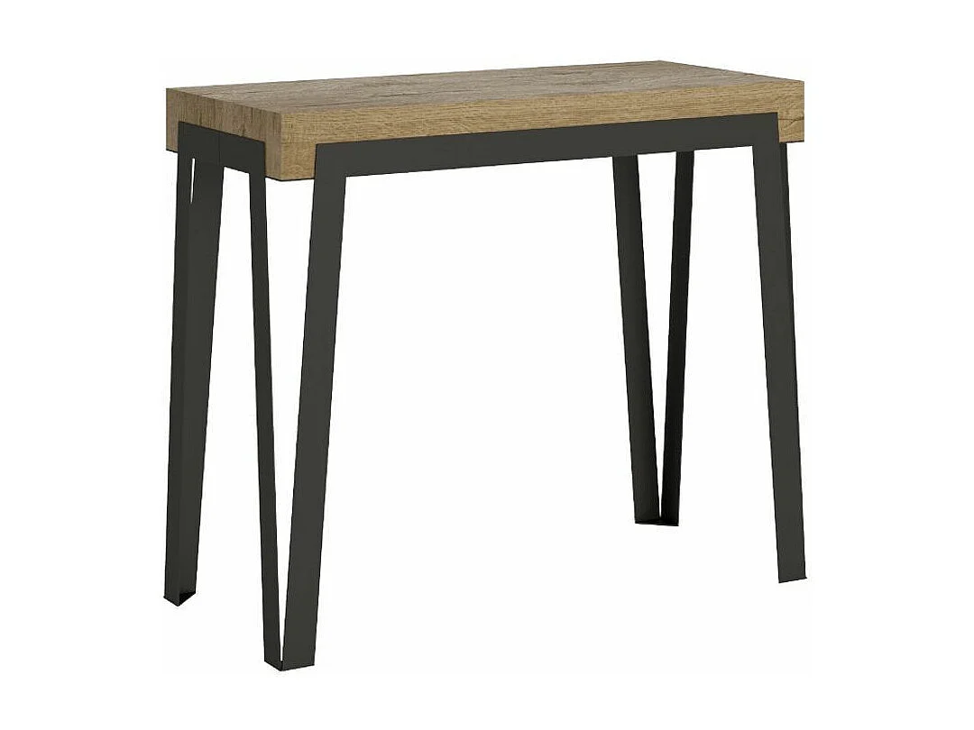 Console extensible design bois et acier anthracite Konta 90x40-196 ou 90x40-300-Couleur Gris ciment-Support 2 pieds-3 rallonges épaisses