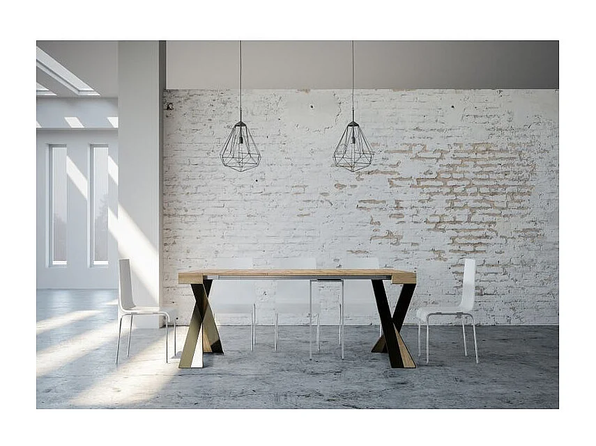 Console extensible design bois et pieds croisés acier anthracite Diago 90x40-196 ou 90x40-300-Couleur Naturel-Pied et support sur roulettes-3 rallonges fines