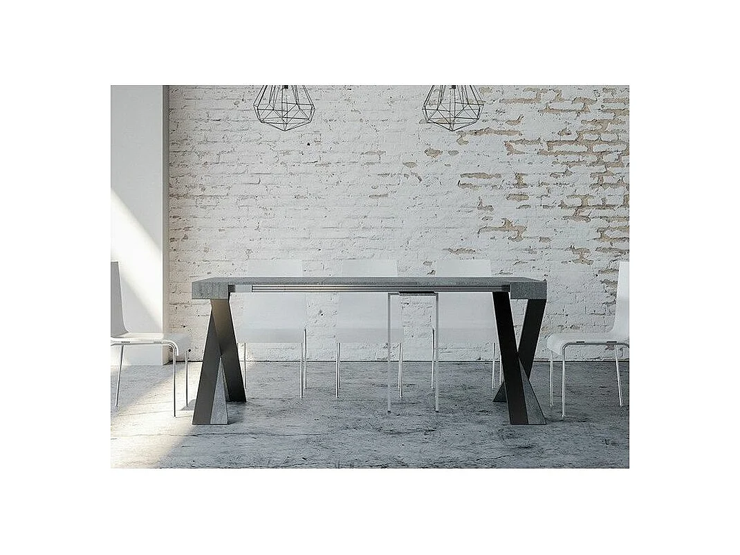 Console extensible design bois et pieds croisés acier anthracite Diago 90x40-196 ou 90x40-300-Couleur Gris ciment-Pied et support sur roulettes-3 rallonges fines