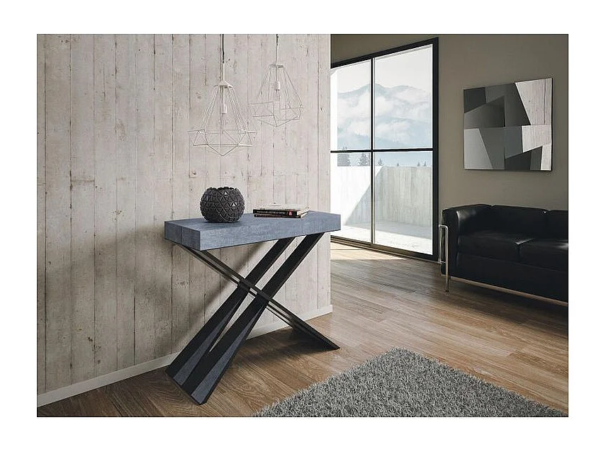 Console extensible design bois et pieds croisés acier anthracite Diago 90x40-196 ou 90x40-300-Couleur Gris ciment-Pied et support sur roulettes-3 rallonges fines