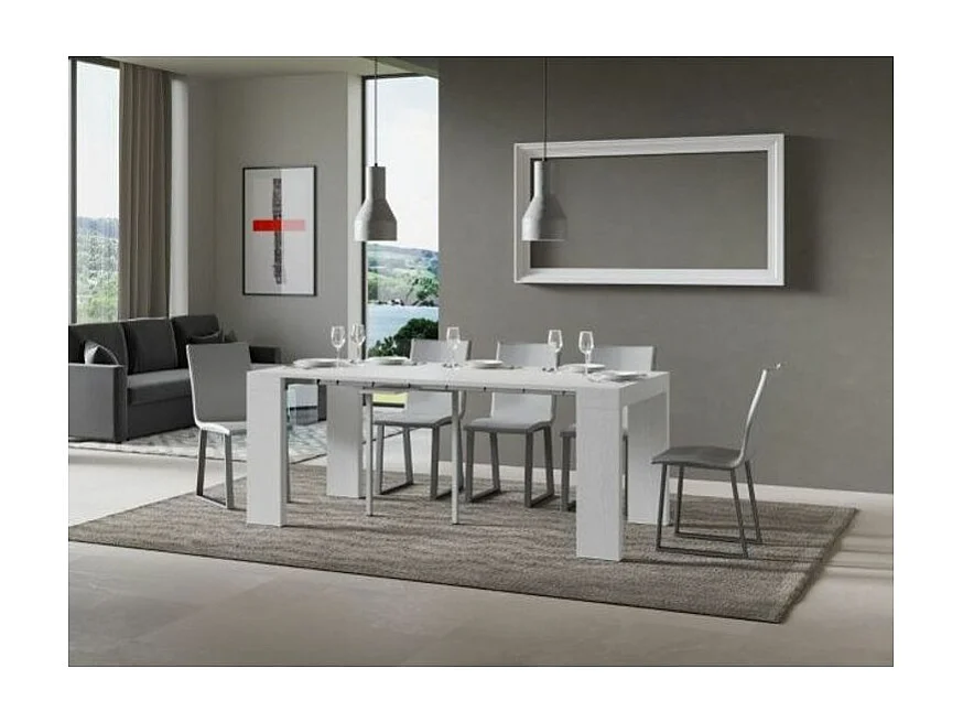 Consola extensible de madera Ribo 90x40/196 o 90x40/300 cm-Color Blanco-Base y soporte con ruedas-Alargaderas 5 extensiones