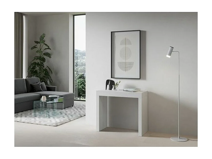 Consola extensible de madera Ribo 90x40/196 o 90x40/300 cm-Color Blanco-Base y soporte con ruedas-Alargaderas 5 extensiones