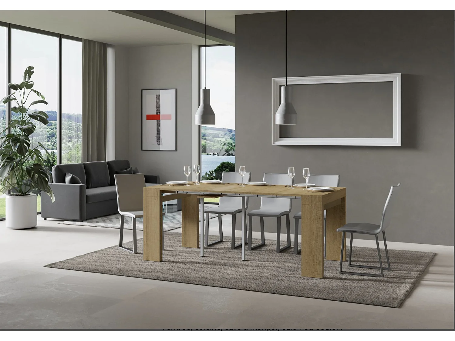 Consola extensible de madera Ribo 90x40/196 o 90x40/300 cm-Color Blanco-Base y soporte con ruedas-Alargaderas 5 extensiones