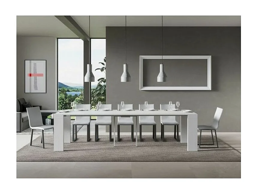 Console extensible en bois Ribo 90x40-196 ou 90x40-300-Couleur Blanc-Pied et support sur roulettes-5 rallonges