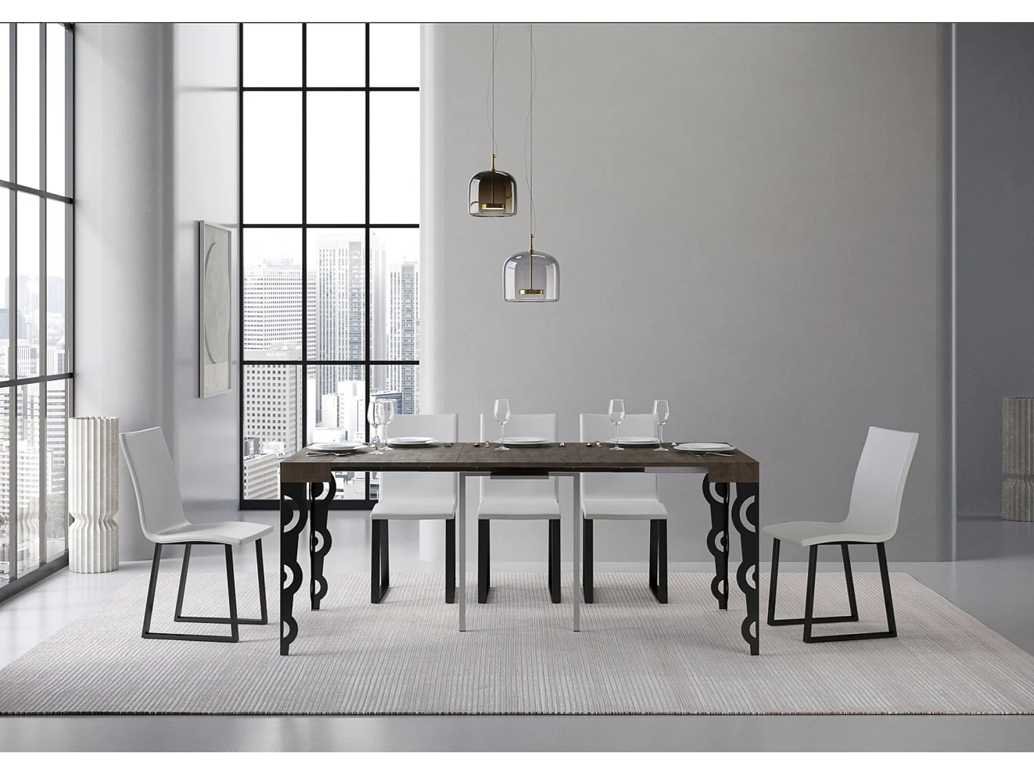 Kazay uitschuifbare console in oosterse stijl 90x40/196 of 90x40/300 cm-Kleur Bruin-Steun 2 voet-Verlengsnoeren 3 dunne verlengingen