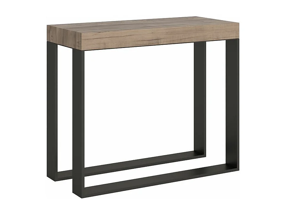 Console extensible bois et 2 pieds acier anthracite Elatra 90x40-196 ou 90x40-300-Couleur Naturel-Support 2 pieds-3 rallonges épaisses