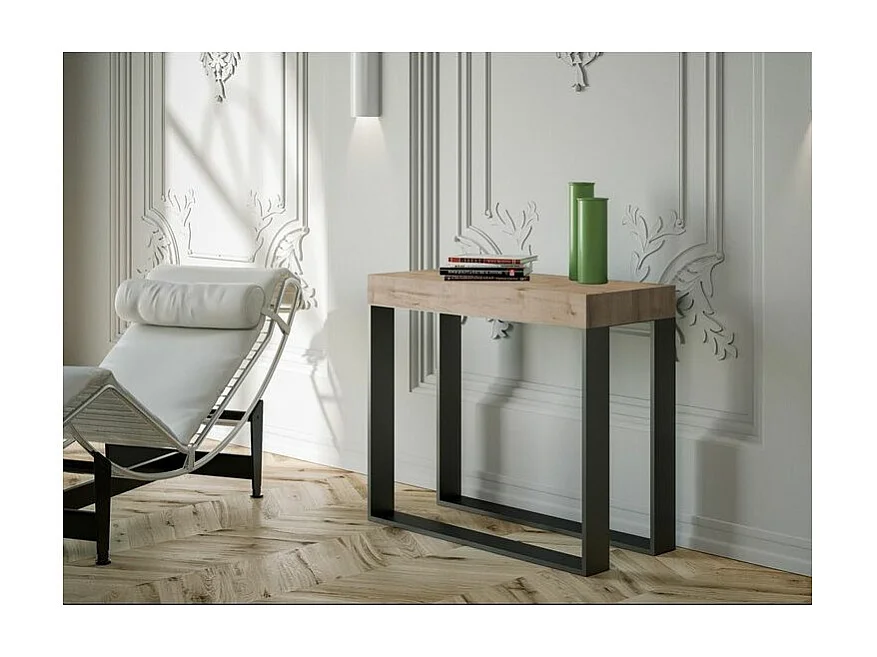 Console extensible bois et 2 pieds acier anthracite Elatra 90x40-196 ou 90x40-300-Couleur Naturel-Support 2 pieds-3 rallonges épaisses