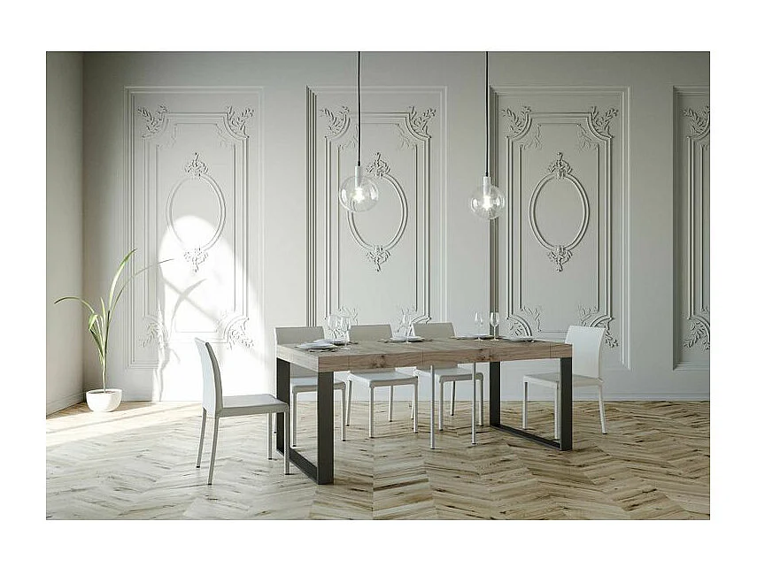 Console extensible bois et 2 pieds acier anthracite Elatra 90x40-196 ou 90x40-300-Couleur Naturel-Support 2 pieds-3 rallonges épaisses