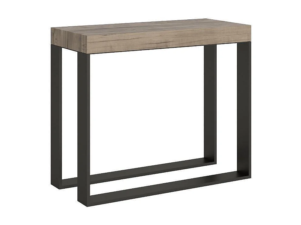 Console extensible bois et 2 pieds acier anthracite Elatra 90x40-196 ou 90x40-300-Couleur Naturel-Support 2 pieds-3 rallonges épaisses
