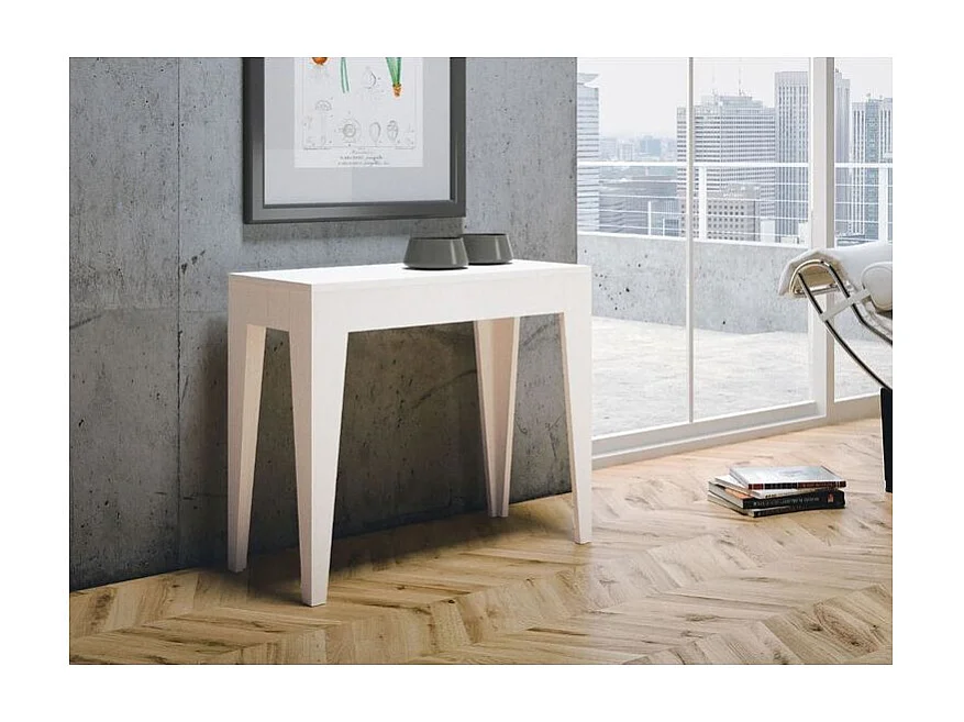 Console extensible moderne en bois Kanda 90x42-198 ou 90x42-302-Couleur Blanc-Support 4 pieds-5 rallonges