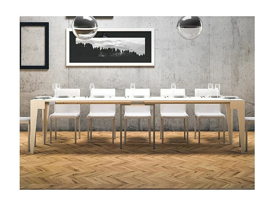 Console extensible moderne en bois Kanda 90x42-198 ou 90x42-302-Couleur Blanc-Support 4 pieds-5 rallonges