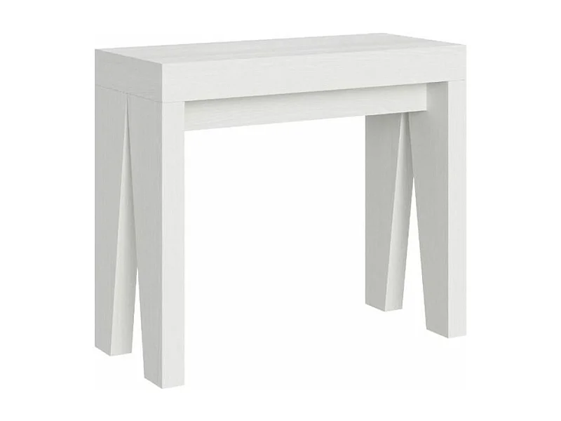 Console extensible en bois moderne 90x40-196 ou 90x40-300 Naxo-Couleur Blanc-Pied et support sur roulettes-3 rallonges