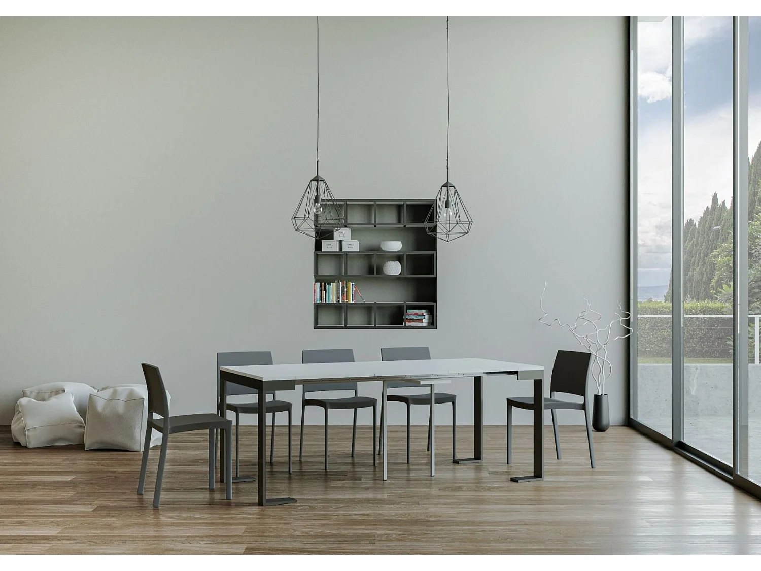 Tiko uitschuifbare houten en stalen console 90x40/196 of 90x40/300 cm-Kleur Wit-Steun 4 voet-Verlengsnoeren 3 uitbreidingen