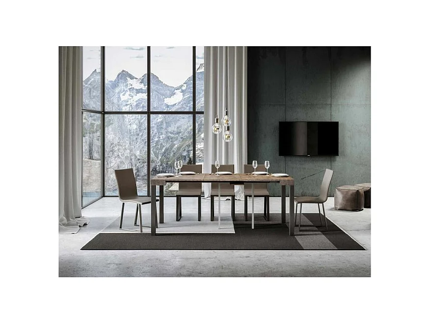 Console extensible bois et acier anthracite Elvira 90x40-196 ou 90x40-300-Couleur Marron-Pied et support sur roulettes-3 rallonges