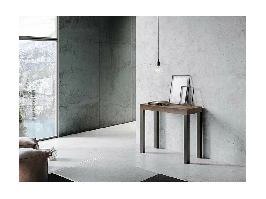 Console extensible bois et acier anthracite Elvira 90x40-196 ou 90x40-300-Couleur Marron-Pied et support sur roulettes-3 rallonges