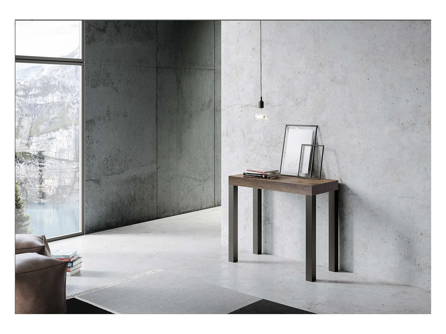 Console extensible bois et acier anthracite Elvira 90x40-196 ou 90x40-300-Couleur Marron-Pied et support sur roulettes-3 rallonges