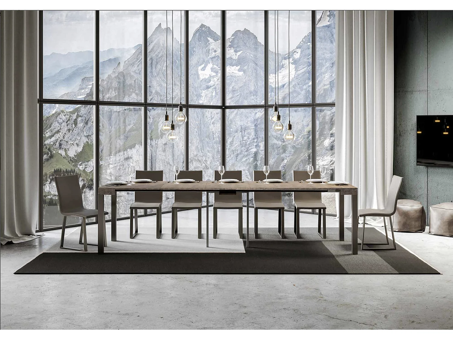 Console extensible bois et acier anthracite Elvira 90x40-196 ou 90x40-300-Couleur Marron-Pied et support sur roulettes-3 rallonges